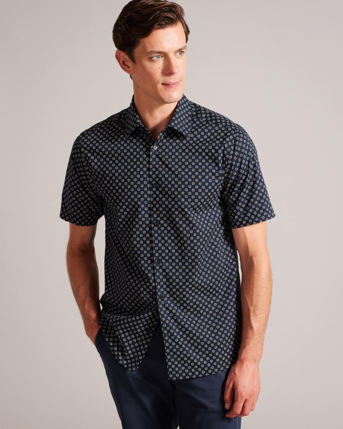 Chemises Ted Baker Short Sleeve Geometric Print Bleu Marine Homme | CJM-16919336